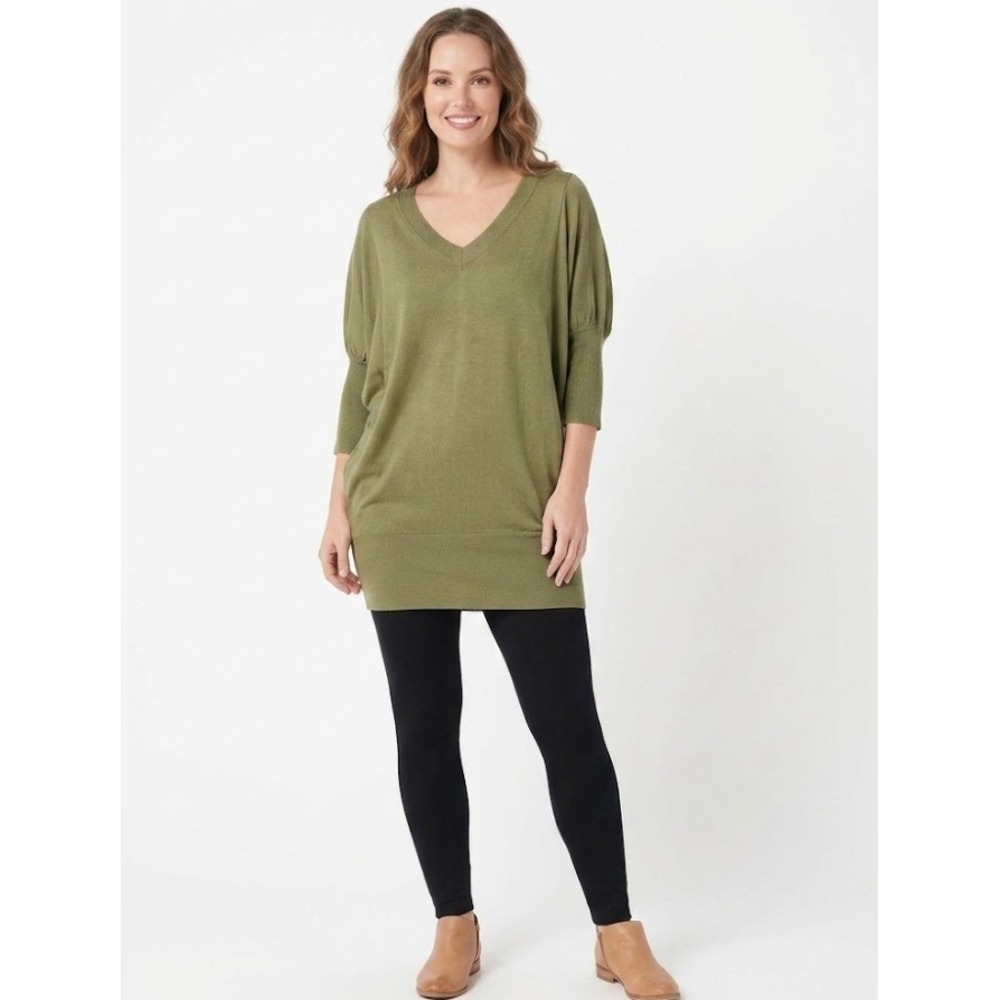 New Twin-Set Large Green Olive Beaded V Neck Ultra Soft Knit Artsy Tunic